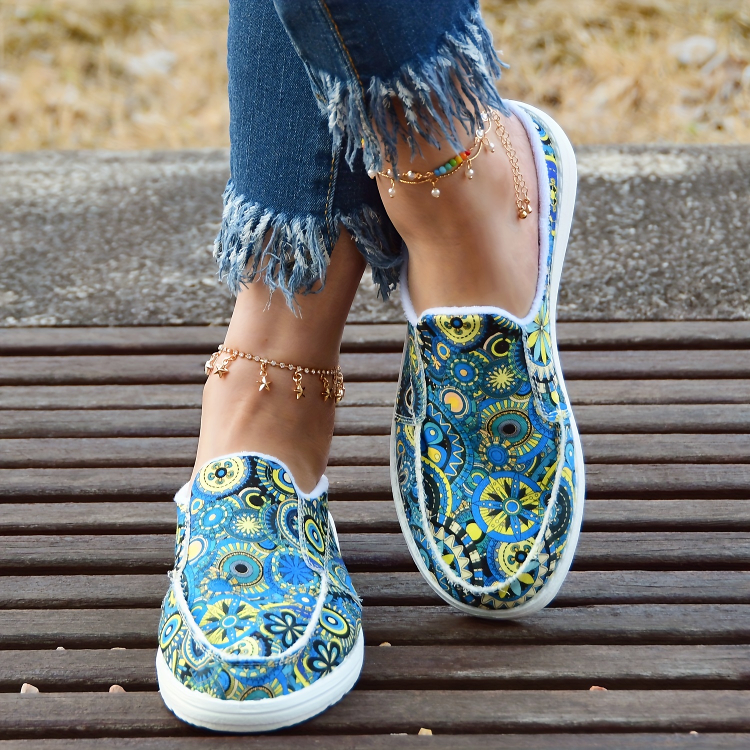 womens colorful floral print canvas shoes fashion slip on flat backless loafers casual walking shoes details 7