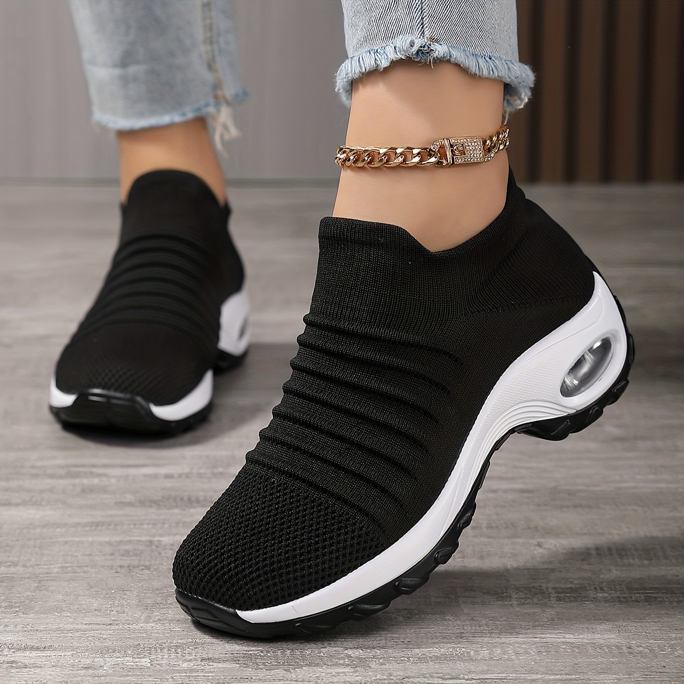 womens breathable knit chunky sneakers casual slip on outdoor shoes lightweight low top air cushion shoes details 0