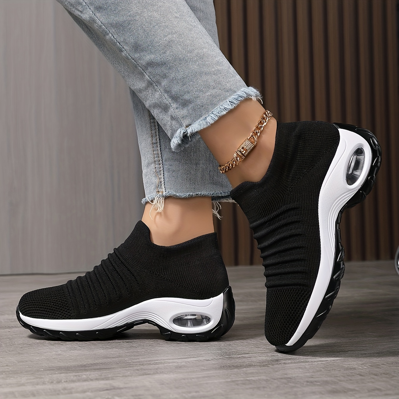 womens breathable knit chunky sneakers casual slip on outdoor shoes lightweight low top air cushion shoes details 4