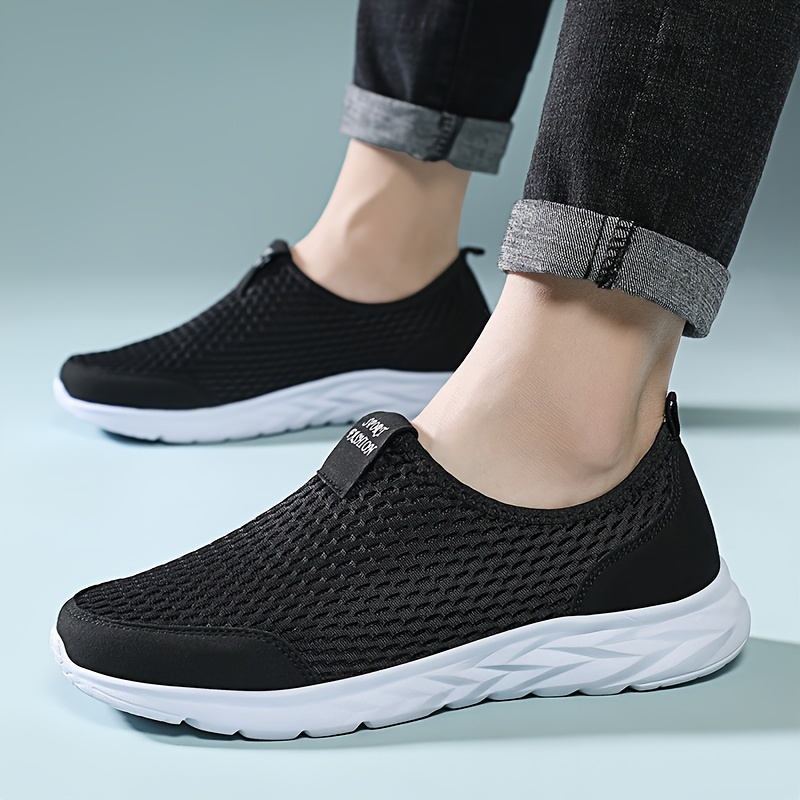 plus size mens solid colour breathable woven slip on sock shoes comfy non slip durable soft sole sneakers for mens outdoor activities details 1