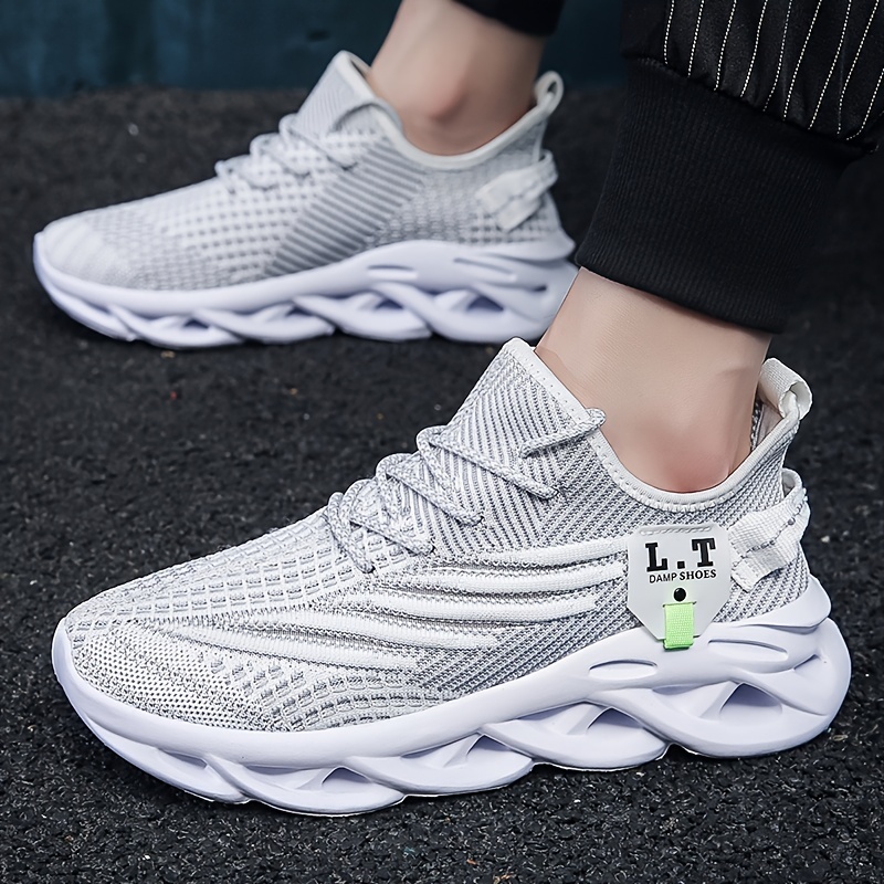 plus size mens trendy woven knit breathable solid blade type sneakers comfy non slip shock absorption shoes for mens outdoor activities details 2