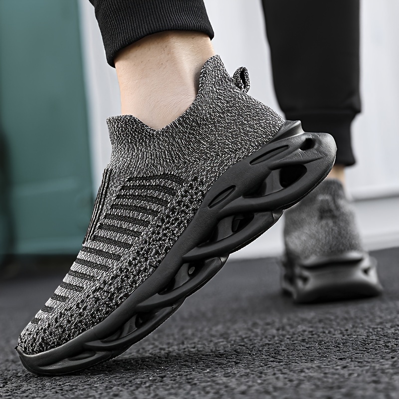 plus size mens trendy woven knit breathable blade type sneakers comfy non slip durable shock absorption shoes for mens outdoor activities details 6